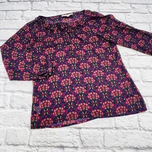 LOFT Womens XS Floral Ruffle Tie Neck Blouse Navy Pink Long Sleeve Top Casual